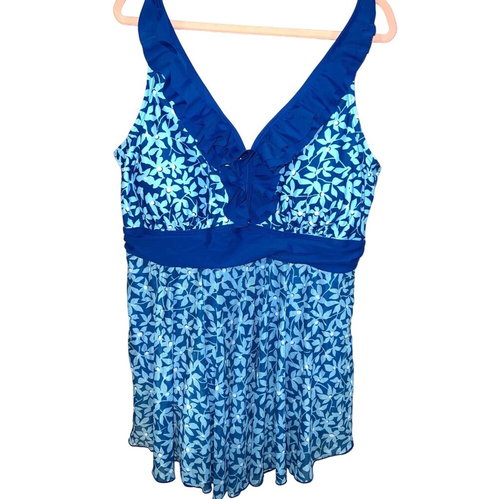 NEW Bloomchic Womens Tankini 18-20 Flirty Ruffle Vneck Adjustable Straps Blue